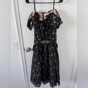 City Chic off shoulder lace detail midi dress with rhinestone belt